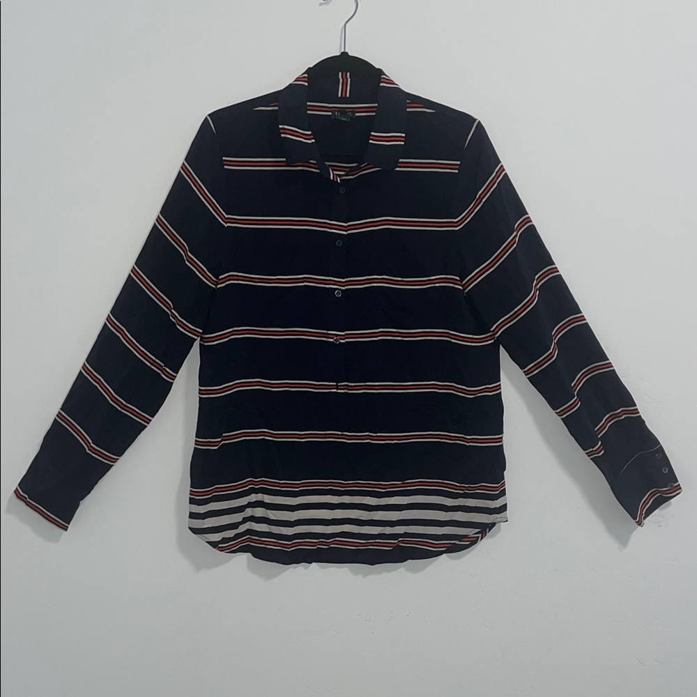 J. Crew Silk Long-Sleeve Blouse, Navy Red White Stripe Shirt, Medium